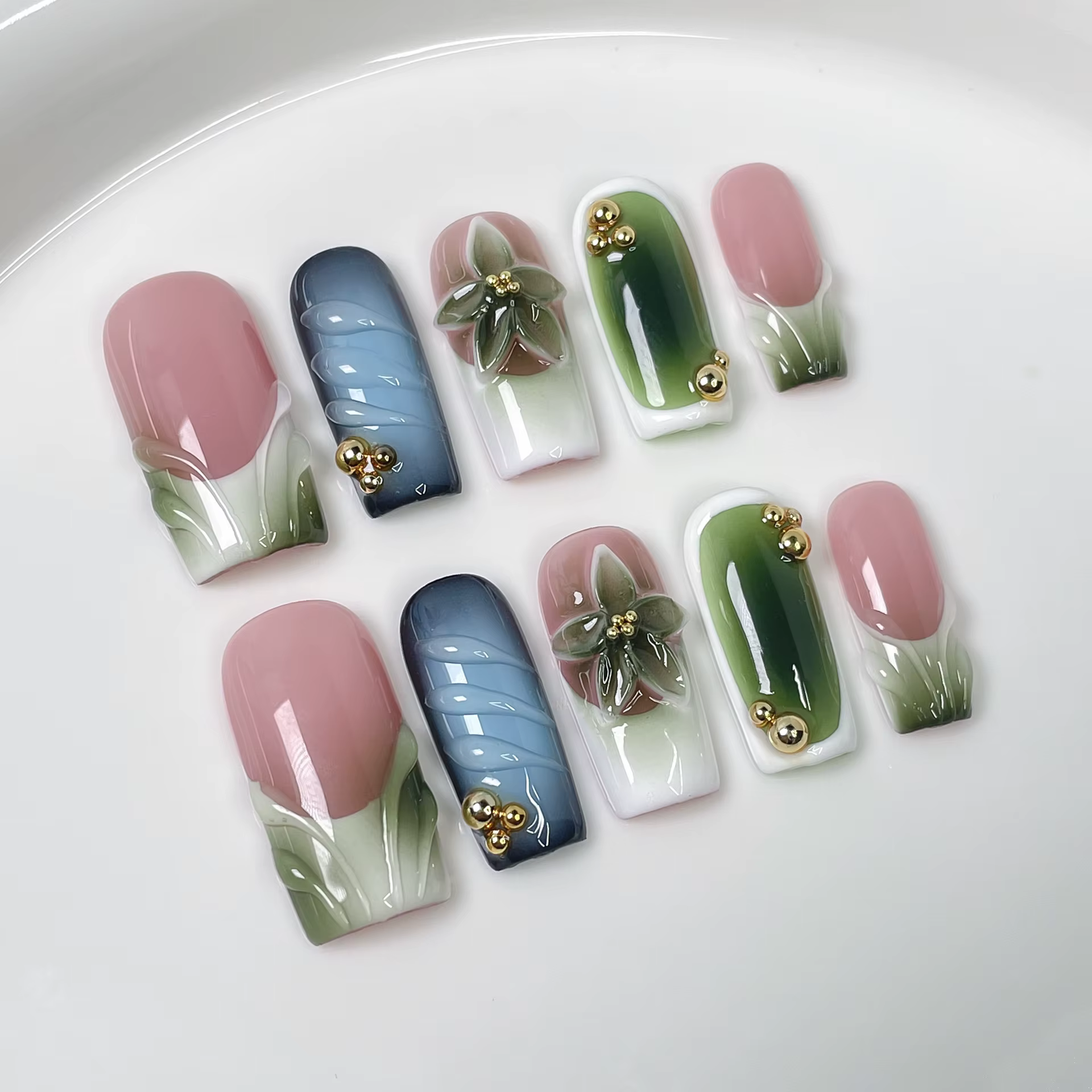 10 pièces 3D fleur verte à la main presse sur ongles français faux ongles portable ongles à coller f