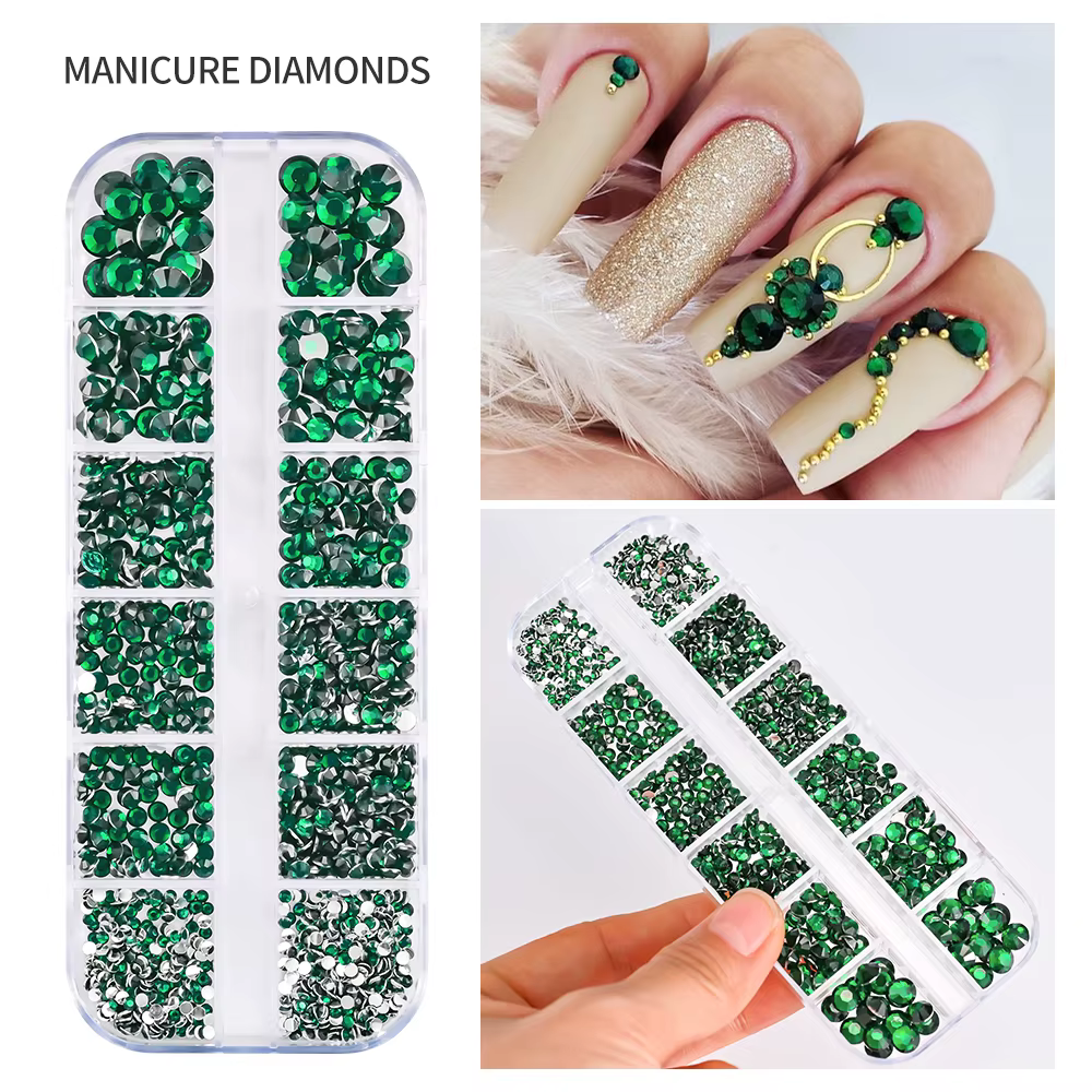 12Gird 3D verre AB cristal Nail Art strass Kit Flatback rond perle charme pierres précieuses bijoux