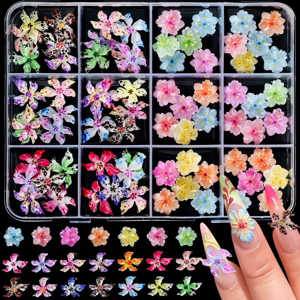 12 Grilles de Breloques 3D pour Ongles Camélia Rose, Décorations Mixtes Florales Papillon Perle Fleu