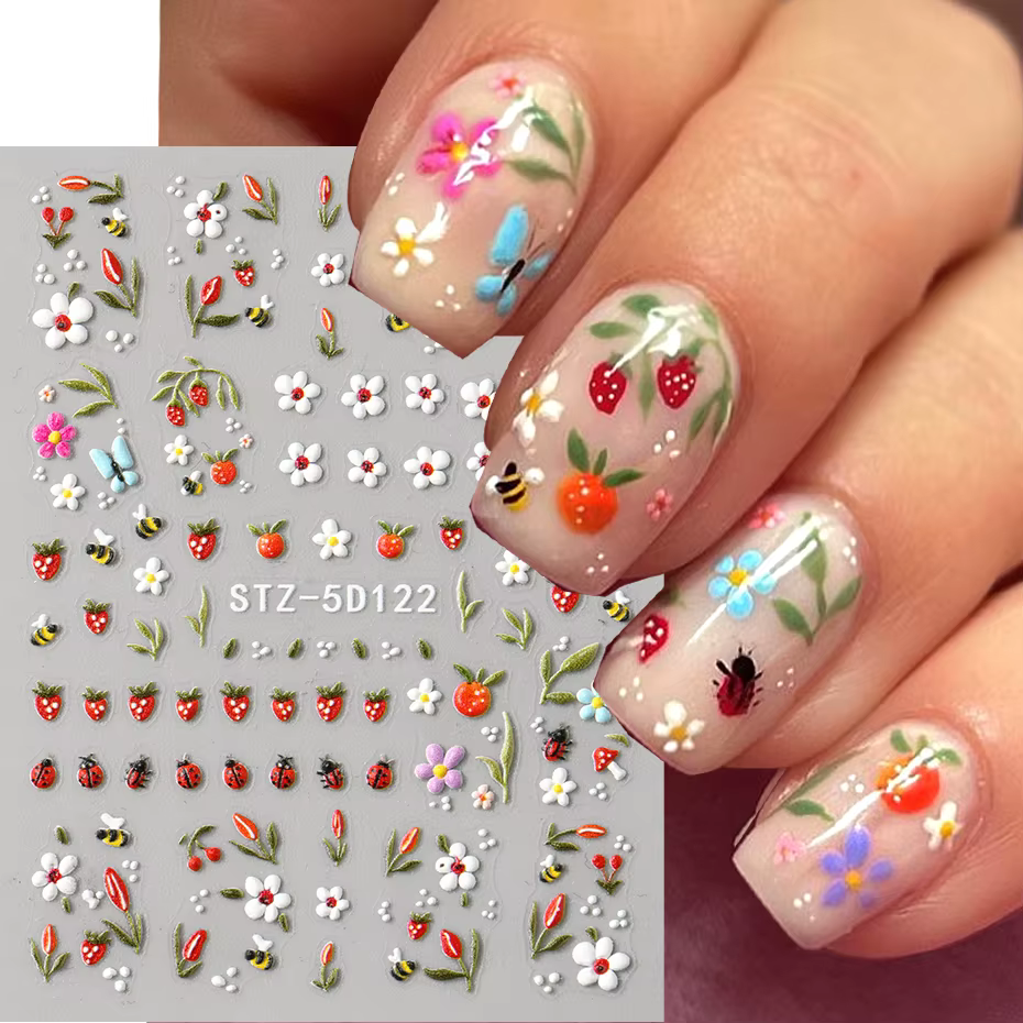 5D en relief Kawaii coccinelle curseurs printemps blanc marguerite fleurs ongles autocollants bricol