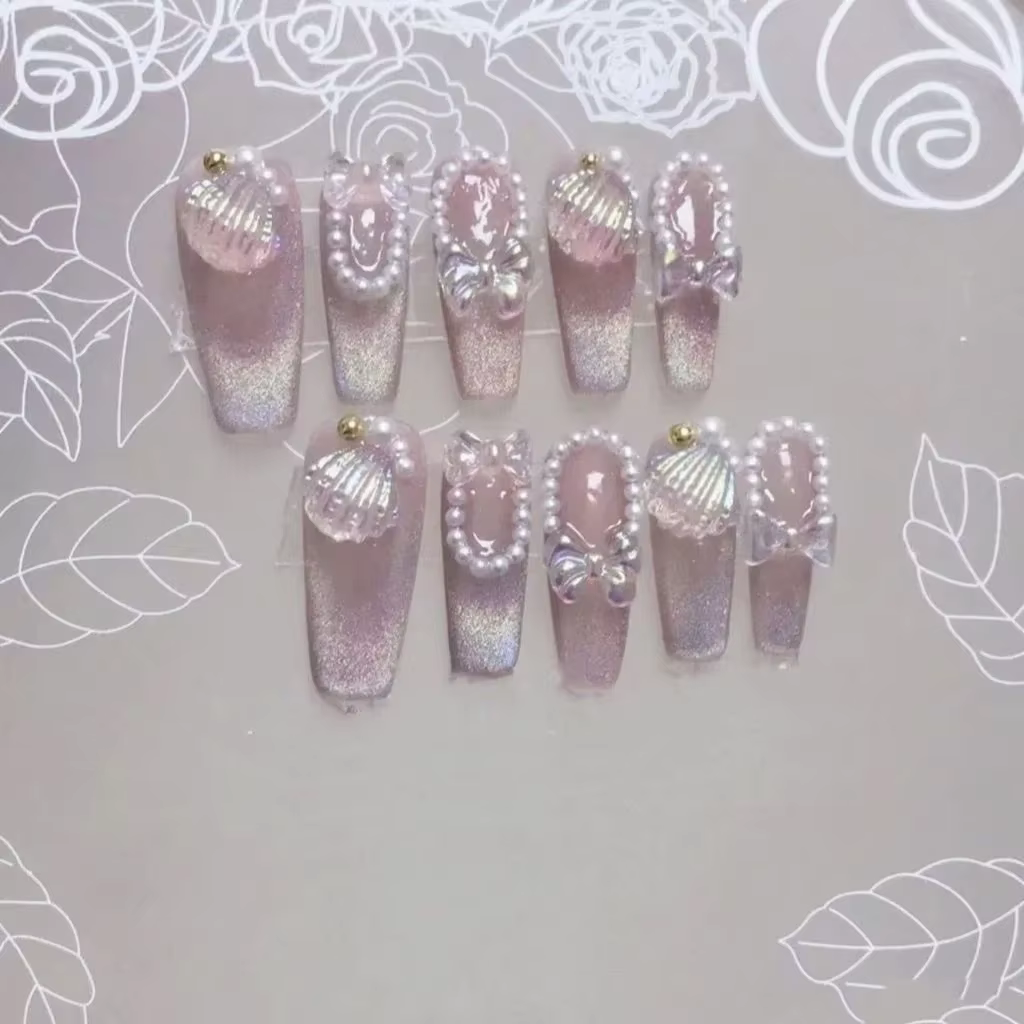 Magnifiques faux ongles Sailor Moon avec coquillages, effet œil de chat et perles, nœuds décoratifs,