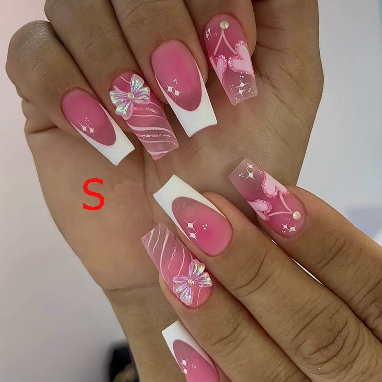 10 pièces longues Ballet mat français blanc bordure rose ongles acrylique ongles rose scintillant en