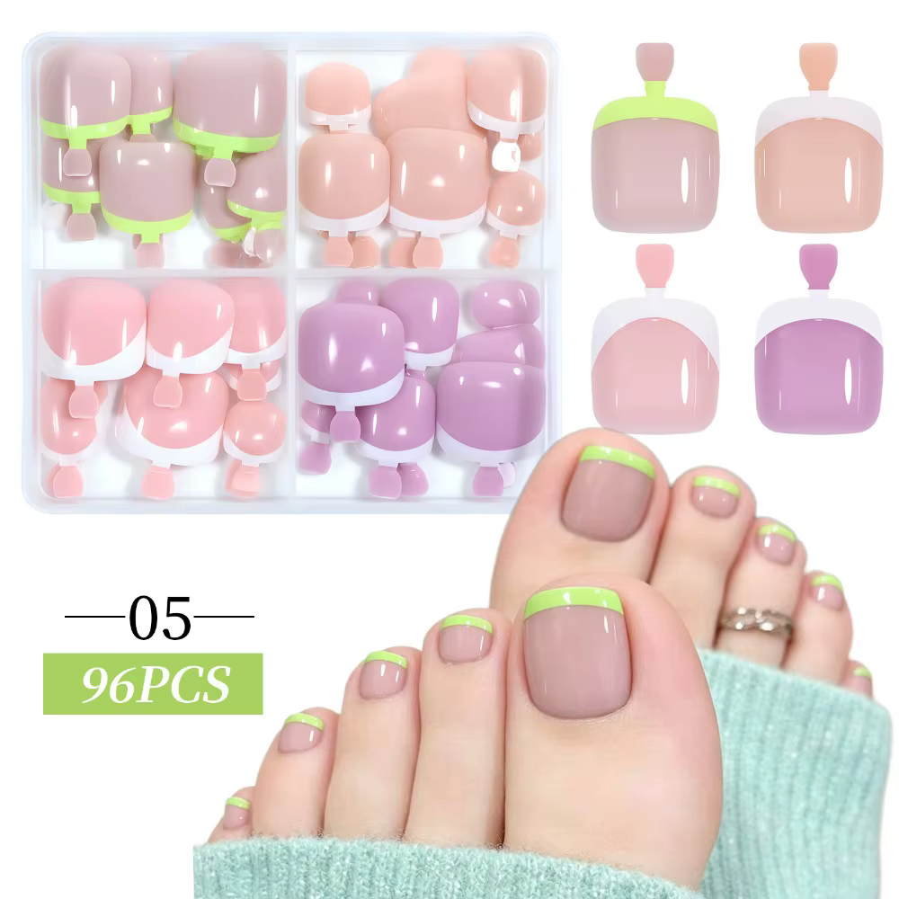Faux ongles courts carrés pour les orteils, style français simple, effet œil de chat, couverture com