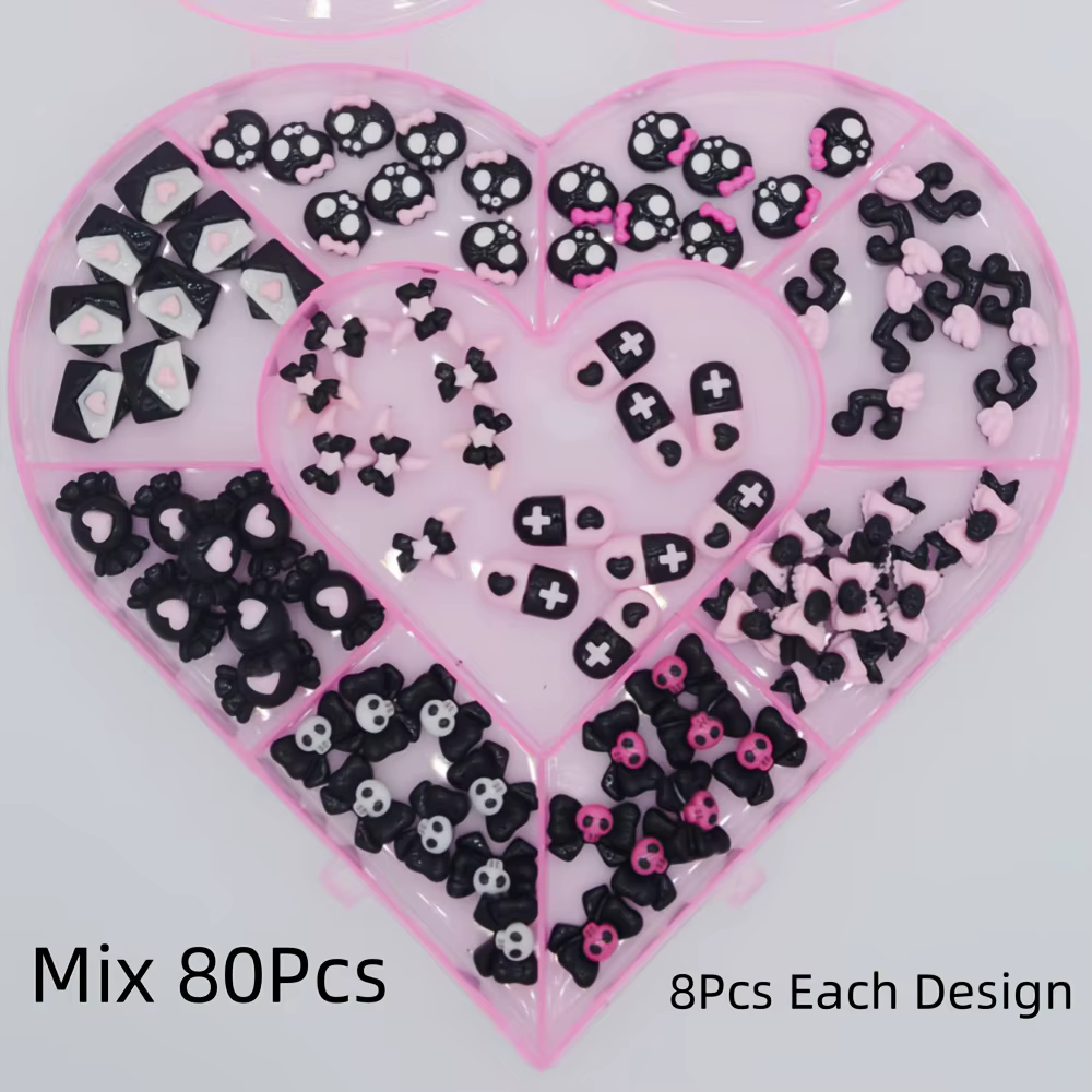 80 pièces Kawaii Halloween Goth lune arc Note de musique Y2K noir rose aile tête de crâne coeur enve