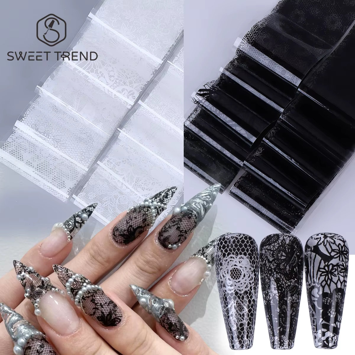 Feuilles de transfert d'ongles élégantes en dentelle noire et blanche, autocollant en papier fantais
