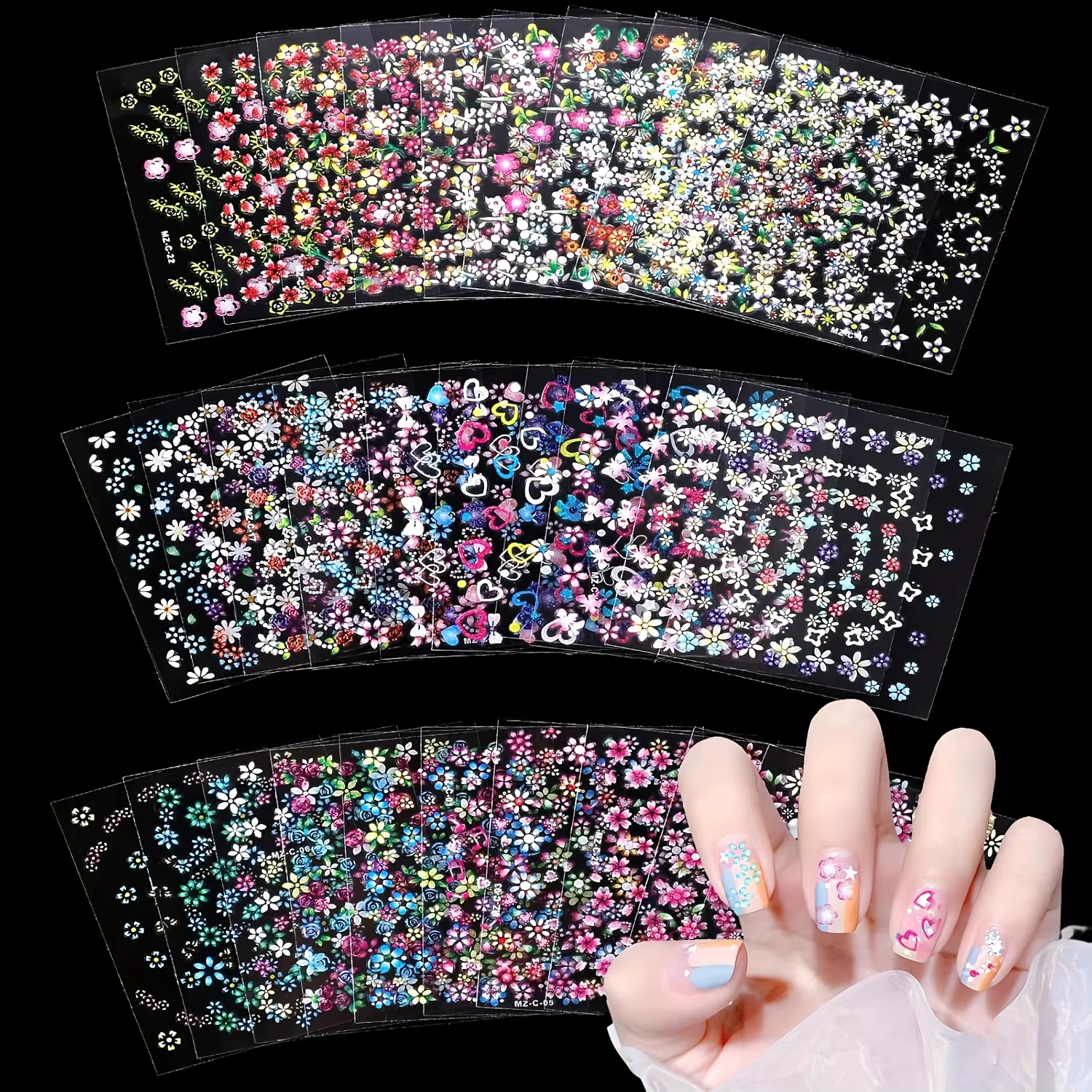 30 pièces (choire la quantité) autocollants pour ongles brillants-auto-adhésifs, fleurs, couleurs pa