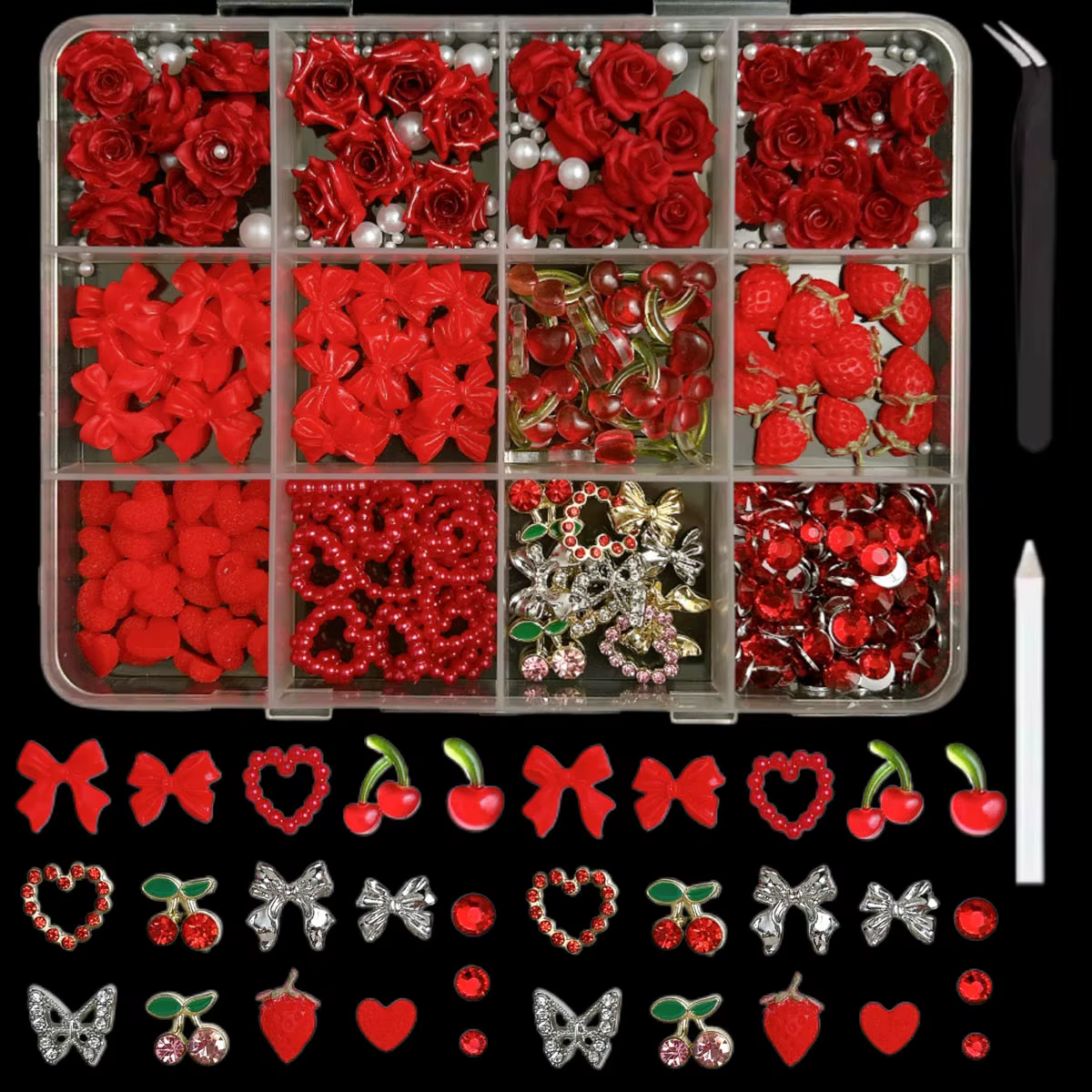 1 boîte de breloques pour ongles en résine de cerise simulée festive 3D, Rose douce, camélia, cœur, 