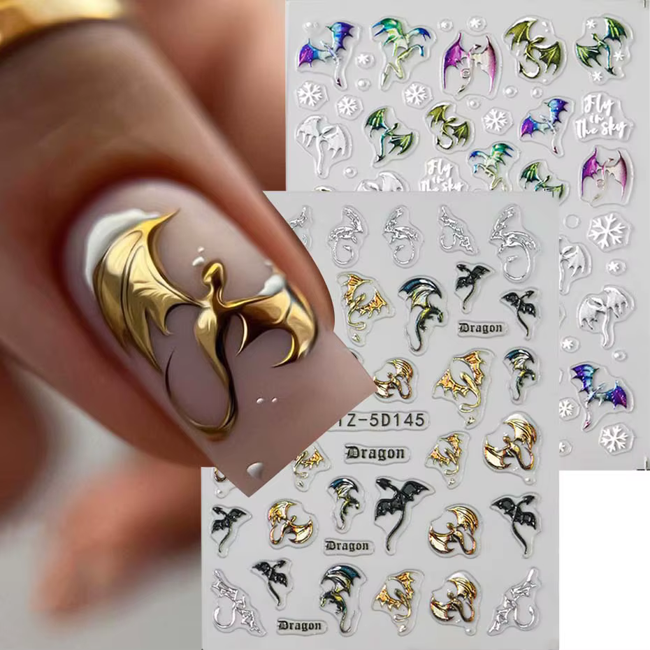 1/2 pièces 5D en relief métallique coloré Dragon ongles autocollants flocons de neige auto-adhésif b