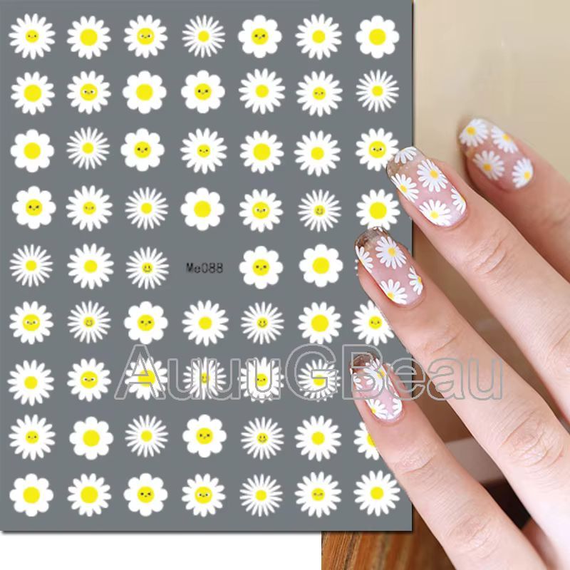 Autocollants 3d pour Nail Art, marguerite d'été, Fruits, pétales floraux blancs, curseur adhésif, dé