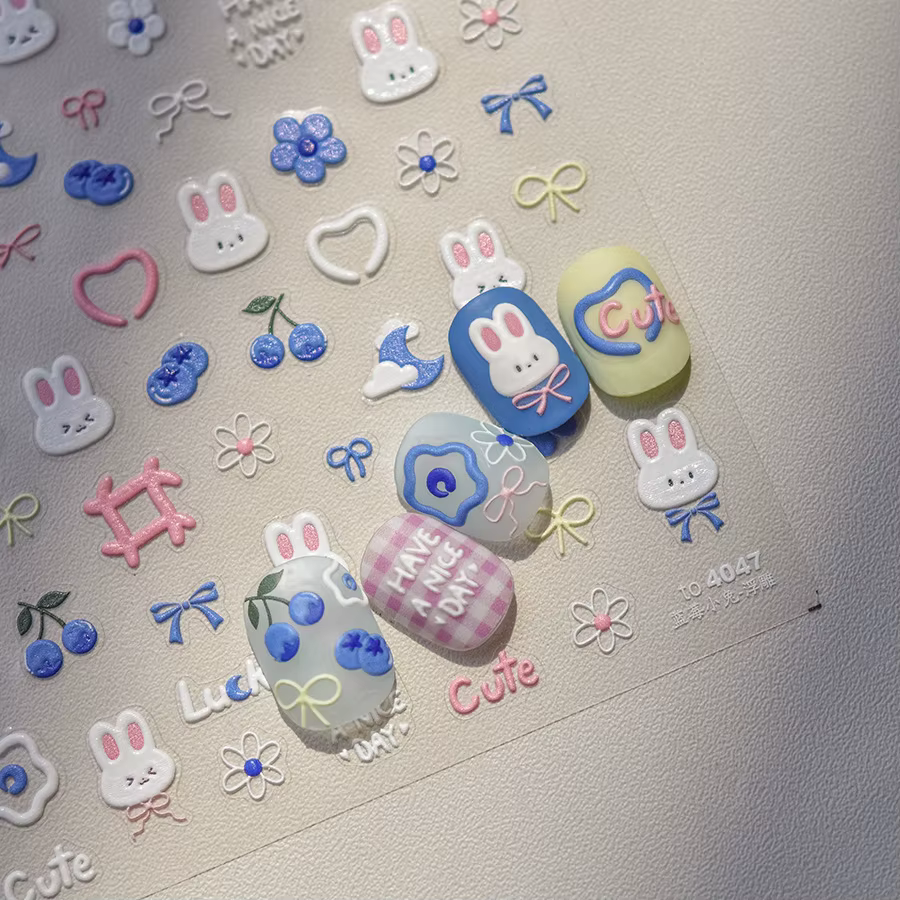Autocollants pour ongles lapin 5D Kawaii, 1 pièce, dessin animé japonais, fleur rose bleue, adhésif,