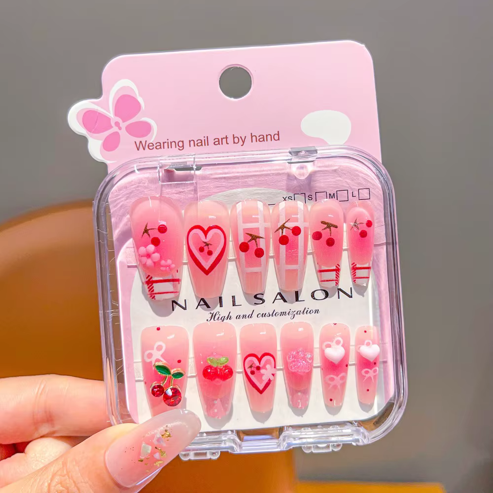 Ongles à presser détachables pour enfants, motif dessin animé tendance, cerises et cœurs mignons, po