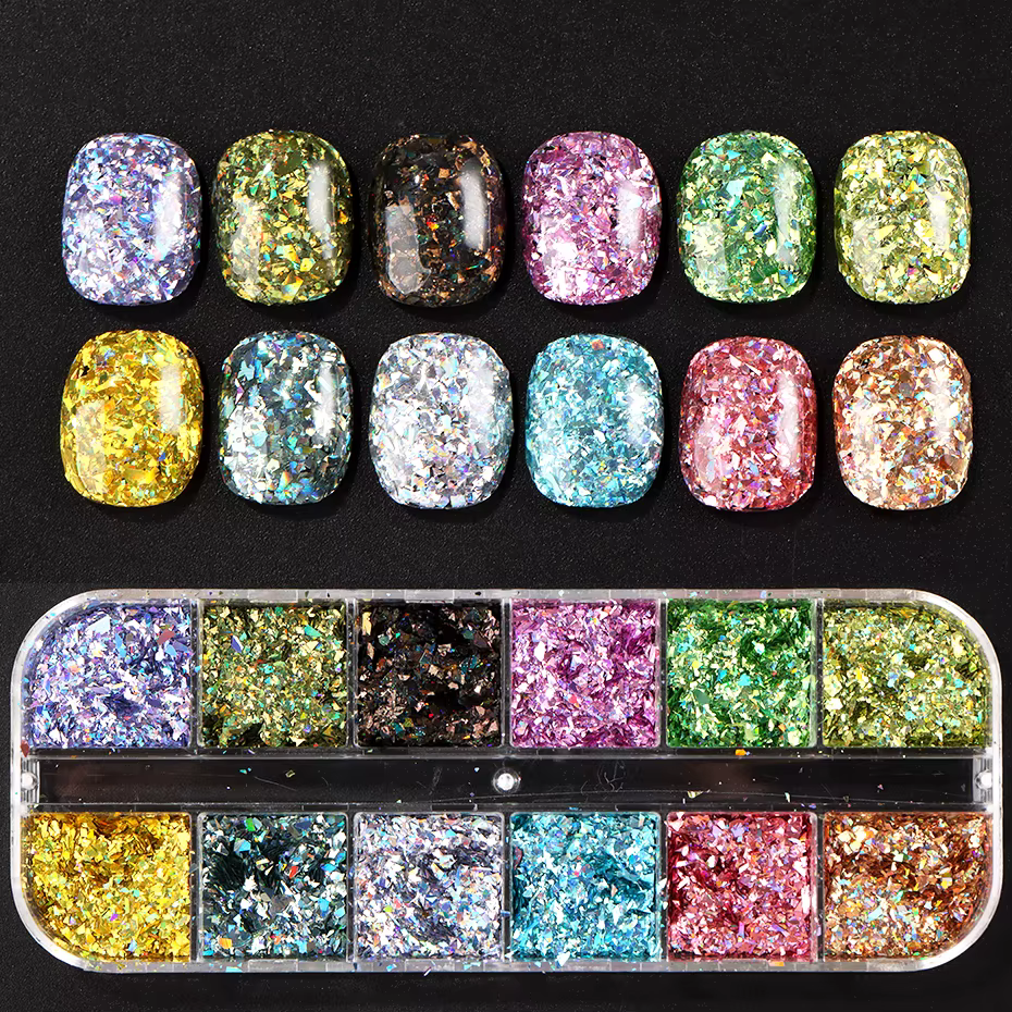 12 grilles holographiques paillettes Nail Art paillettes scintillantes irrégulières flocons d'ongles