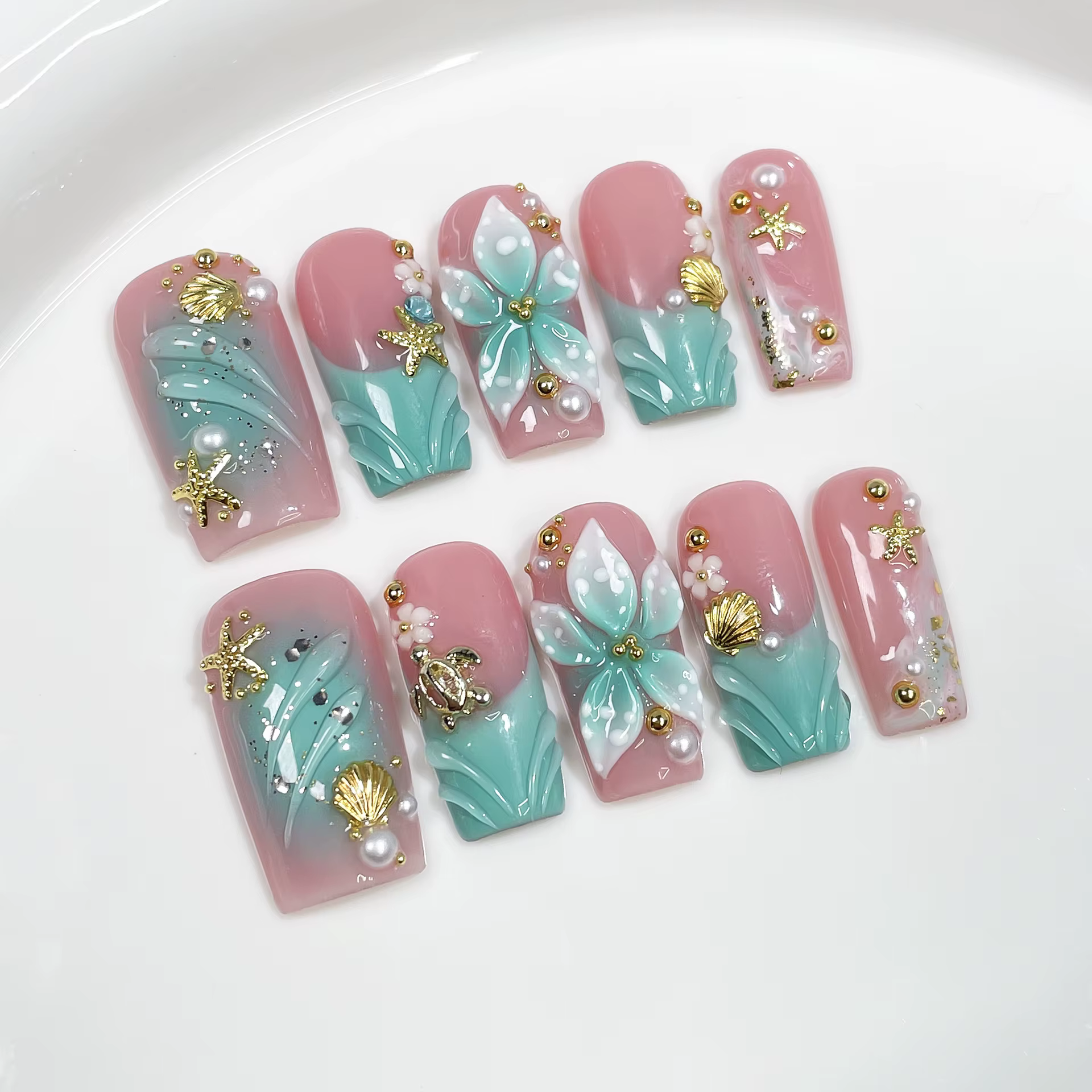 10 pièces rêveur océan presse sur ongles 3D fleur perle étoile de mer Nail Art dégradé français faux