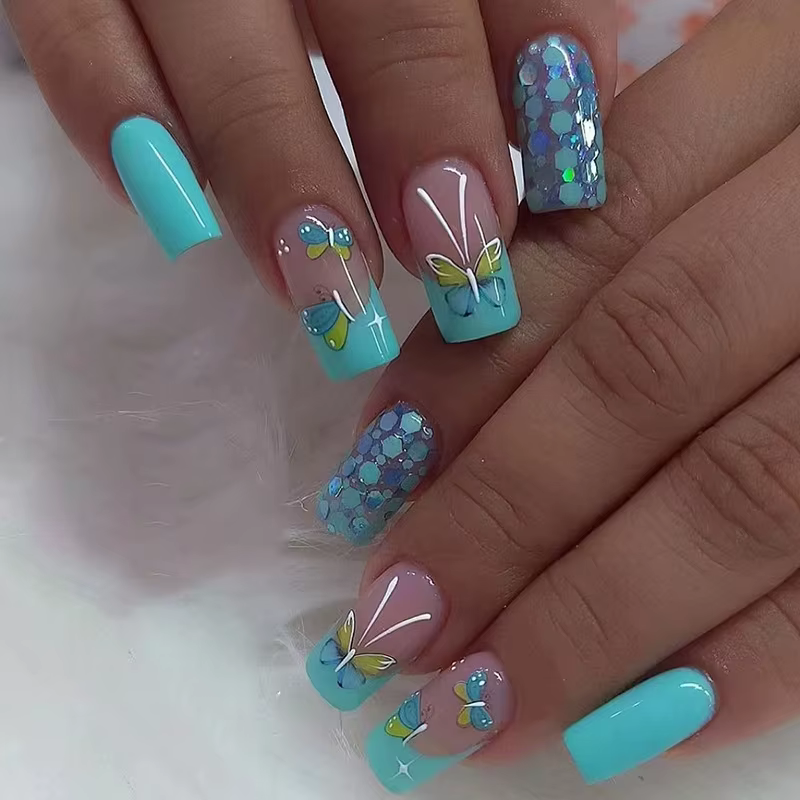 Faux ongles carrés courts, 24 pièces, bleu, vert, papillon, français, couverture complète, imperméab