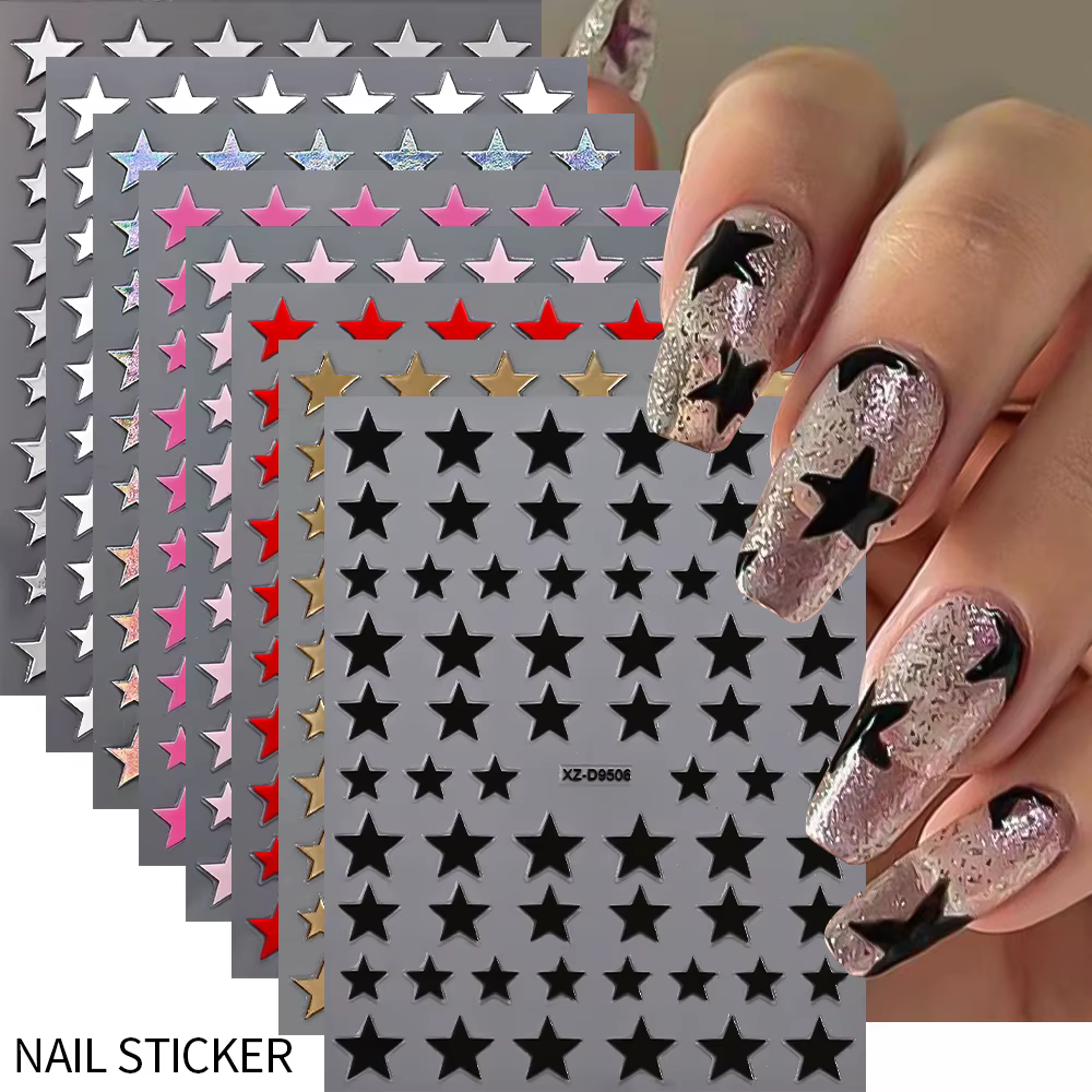 Autocollants pour Nail Art, 8 pièces, rose, or, noir, étoile, pentagramme métallique brillant, décal