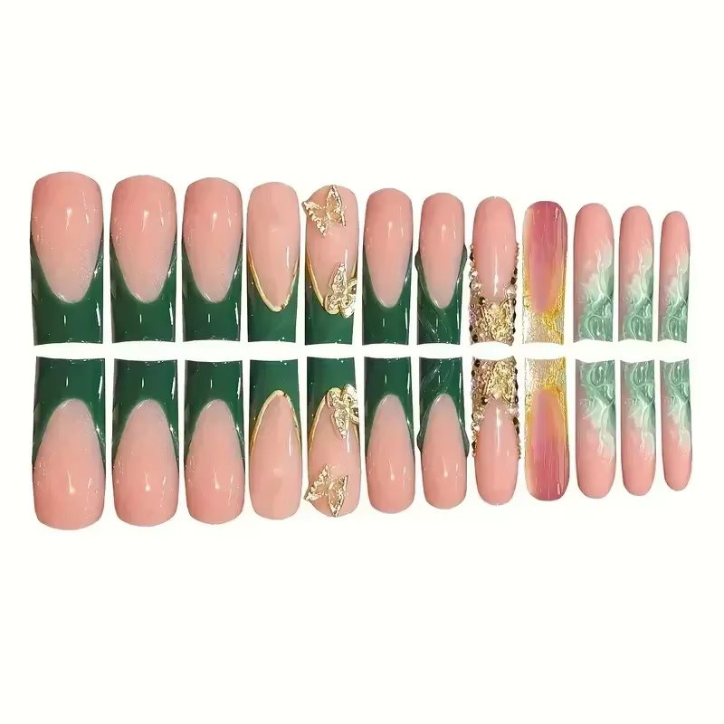 Faux ongles français verts avec diamant, papillon doré, élégants, artificiels en acrylique, longs et
