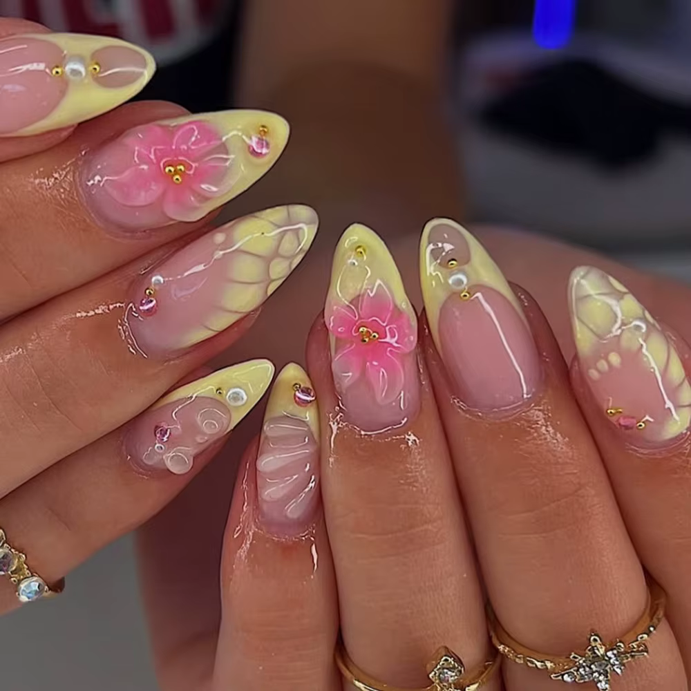 24 pièces faux ongles français fini amande ongles ensembles avec nœud doré conception faux ongles Ar