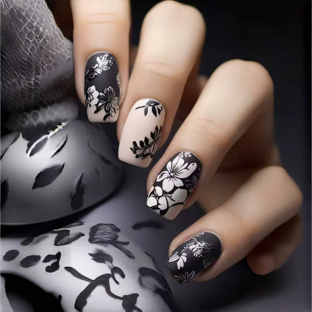 24 pièces/ensemble faux ongles mi-longs pour femmes printemps été fleurs papillon abeille design fau