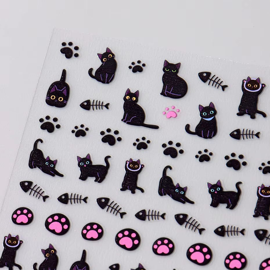 Autocollant pour ongles motif chat noir Kawaii, décalcomanies à faire soi-même, motif griffe rose, j