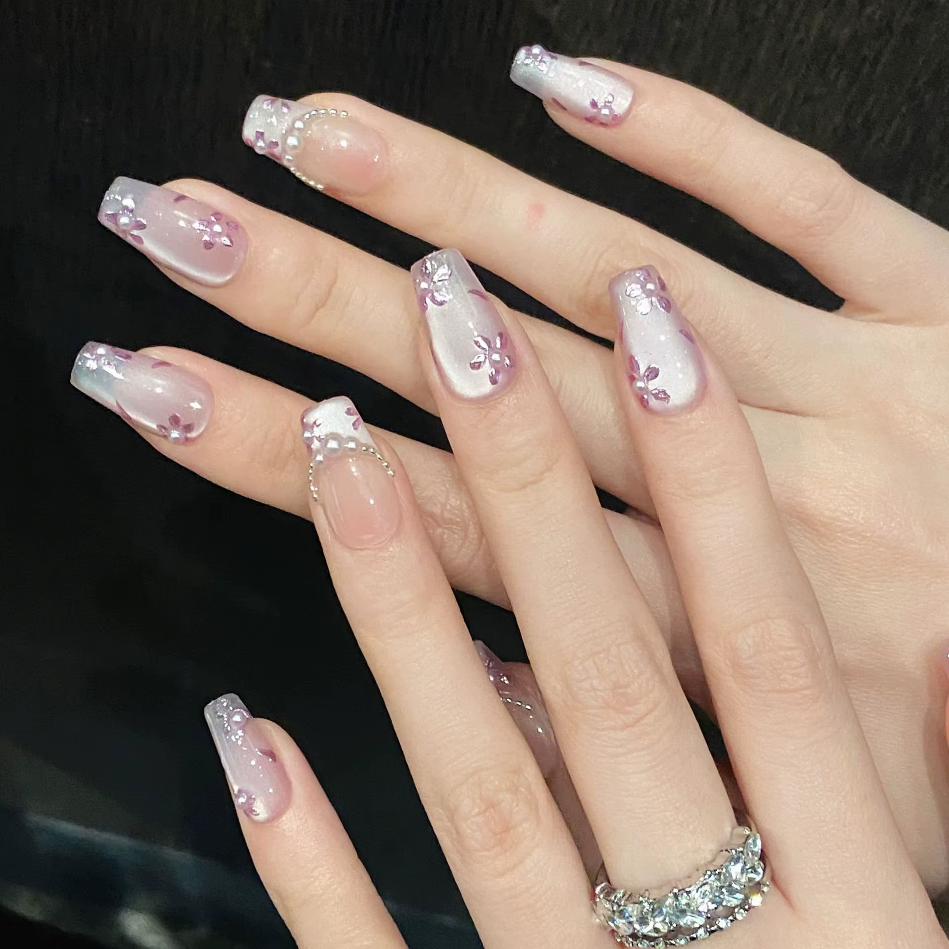 10 pièces à la main violet oeil de chat presse sur les ongles fleurs d'été perle conception faux ong
