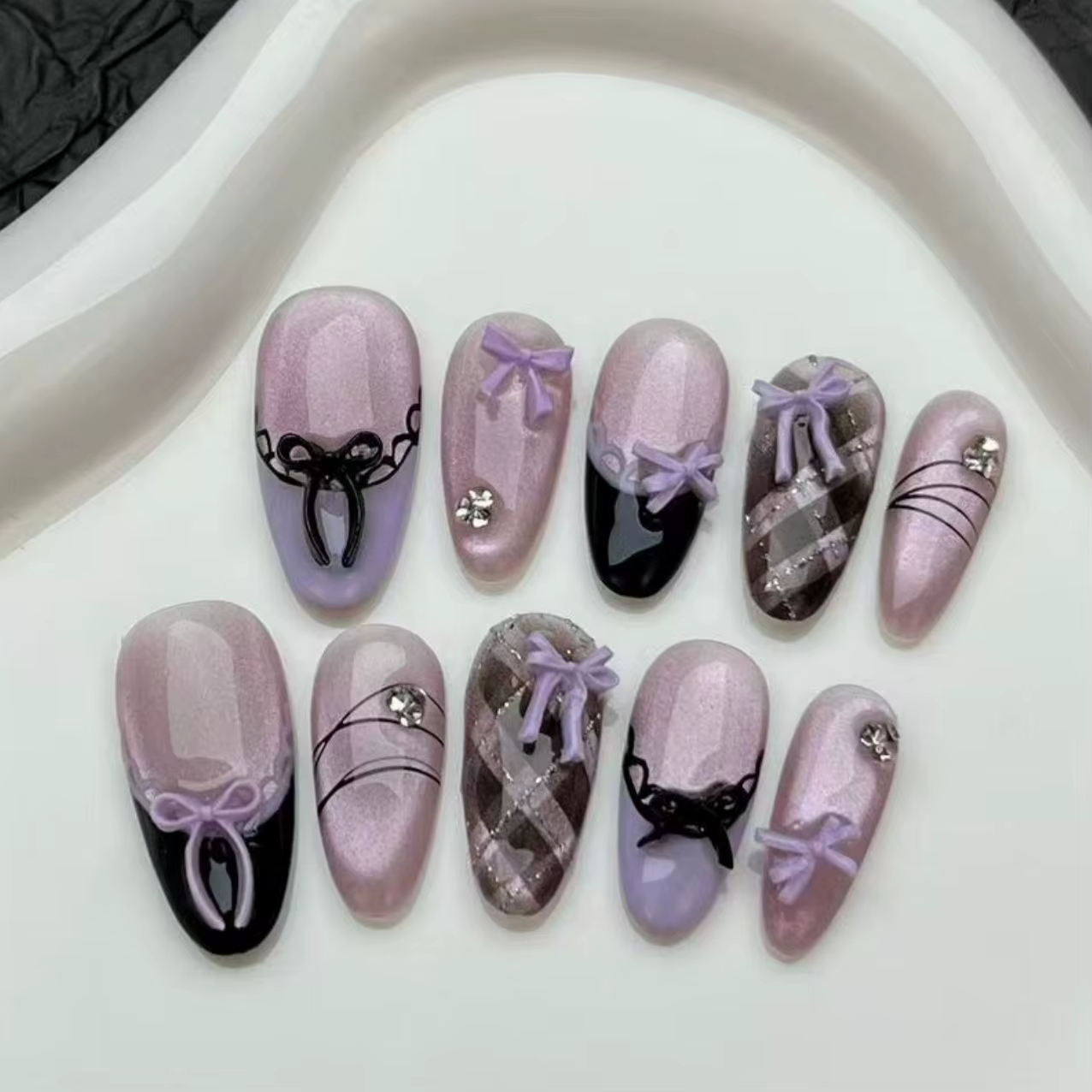 10 pièces violet oeil de chat fait à la main faux ongles conseils paillettes mi-longue ovale presse 