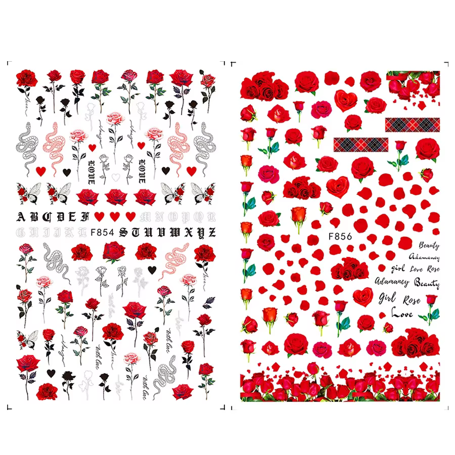 Un ensemble d'autocollants décoratifs pour ongles pour la Saint-Valentin, avec des roses rouges vive