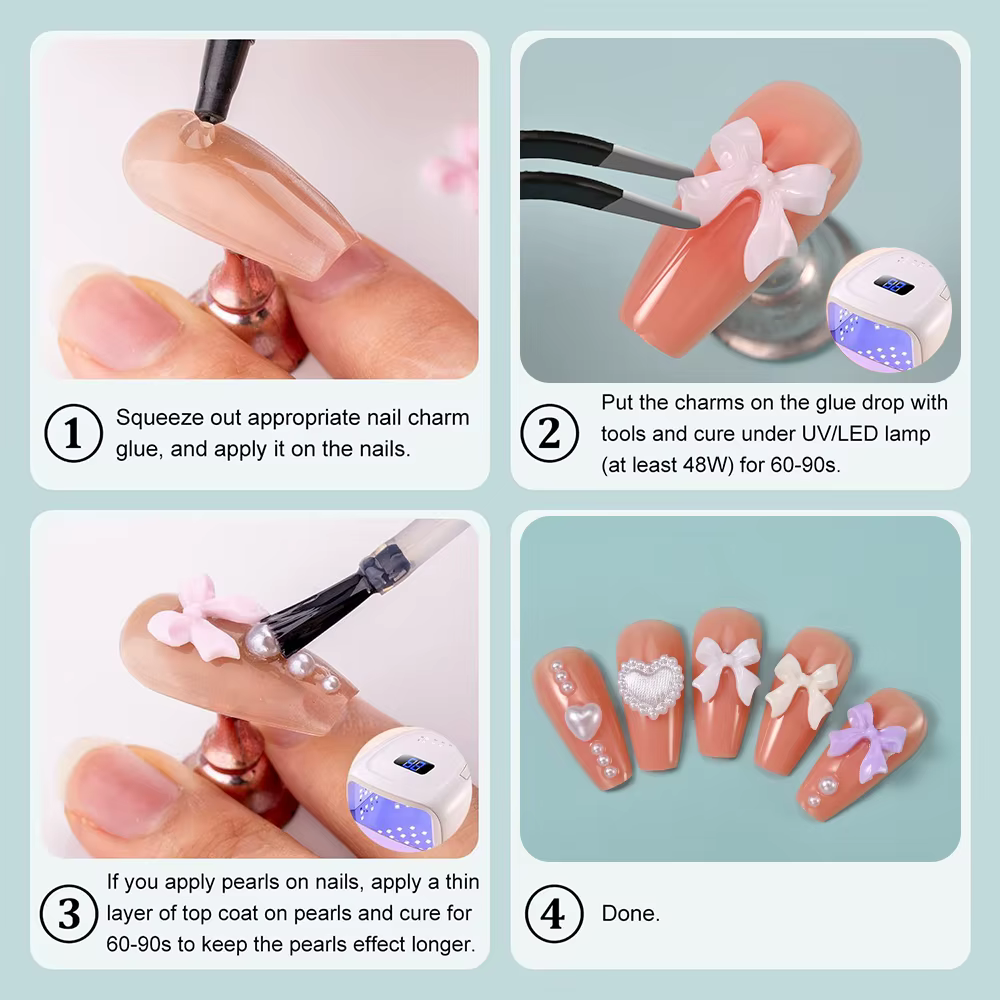 1 boîte rose blanc série arc coeur breloques pour ongles 3D acrylique Nail Art décorations perle 5 p