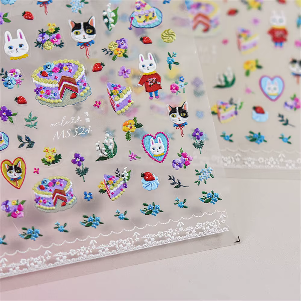 Autocollants 5D chat Kawaii pour Nail Art, 1 pièce, Relief, dessin animé japonais, gâteau rétro, ani