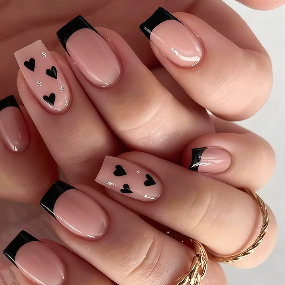 Faux coeur imprimé rose clair, tête carrée mi-longue, presse sur N64.Love, motifs de diamants, style