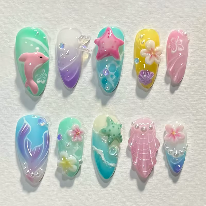Faux ongles colorés d'été en amande, 24 pièces, avec fleurs 3D, peintures de plage, à pression, couv