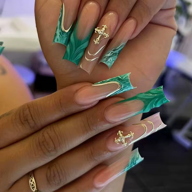 Faux ongles à bordure française dorée, longs cercueil, avec strass, ballerine, couverture complète,