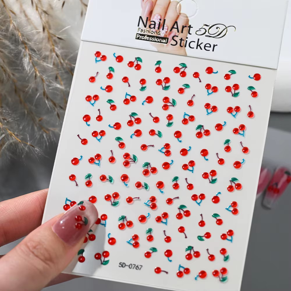 Autocollants pour ongles 5D brillants en strass rouges, motifs cerises et fleurs roses mignonnes, dé