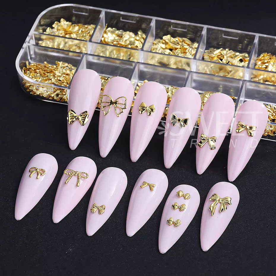 12 grilles en métal arc Nail Art charme or 3D nœud papillon ruban ongles décoration pièces bricolage