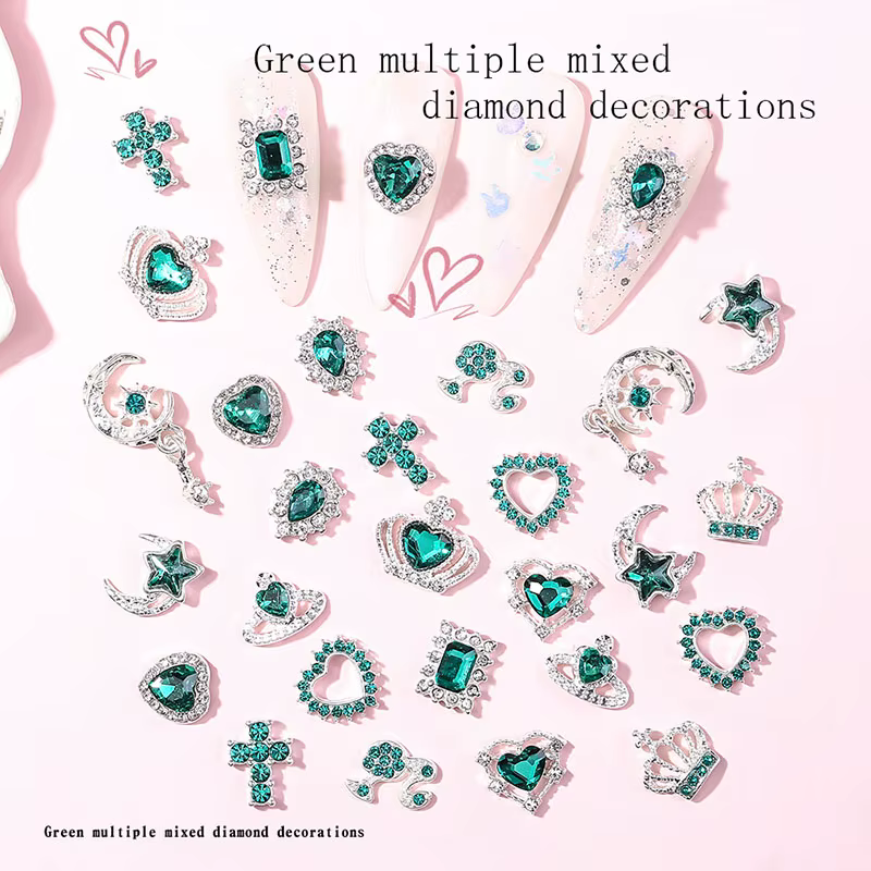 30 Breloques Roses pour Ongles en Alliage, Strass 3D Étoile Papillon Cœur Croix, Pierres Précieuses,