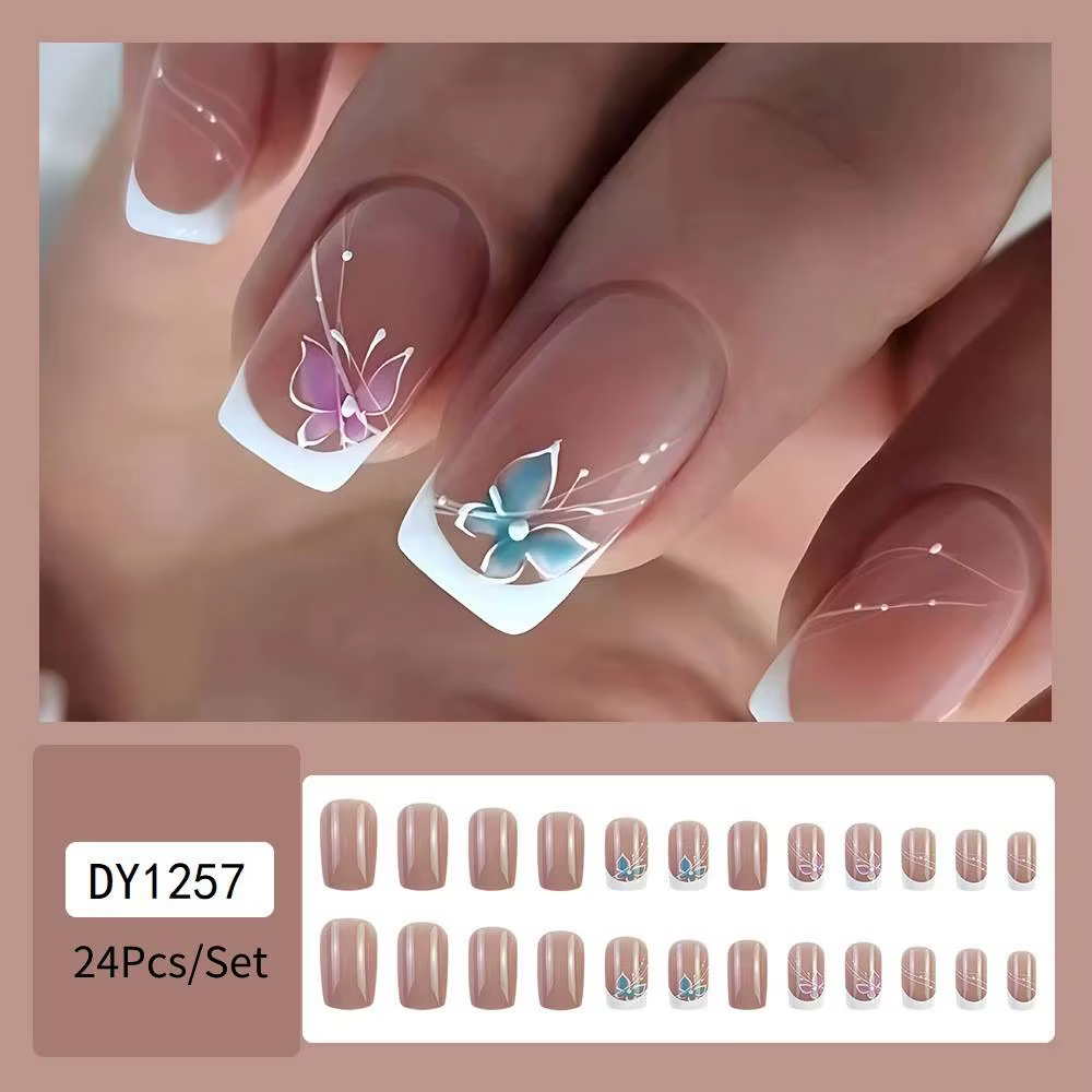 Faux ongles artificiels à couverture complète, français, blanc, rose, courts, carrés, papillon, en a