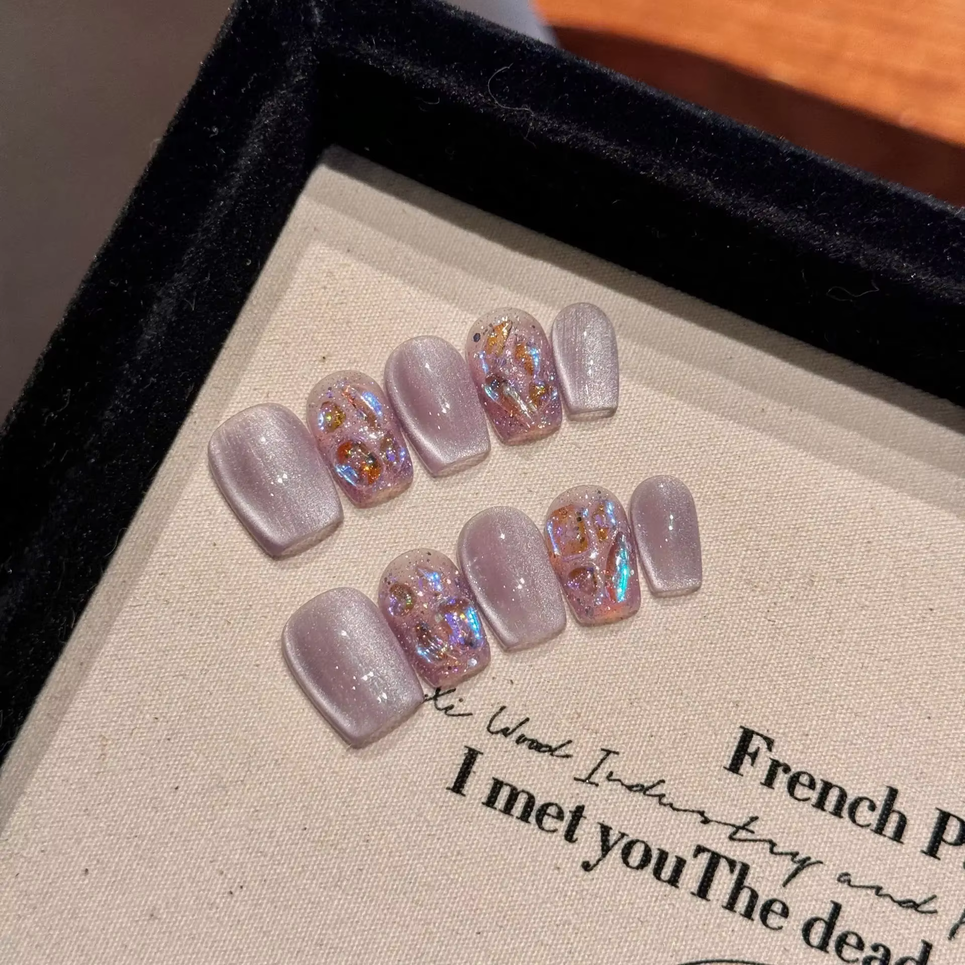10 pièces à la main presse sur ongles violet oeil de chat Faux Ongles portable Stick-on ongles couve