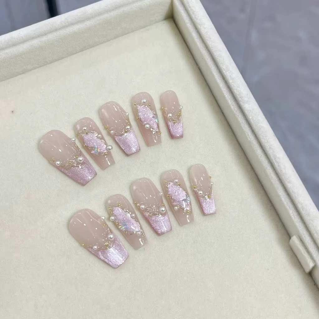 Nail Art-Patchs à ongles faits à la main, clair de lune émaillé, œil de chat rose, paillettes papill