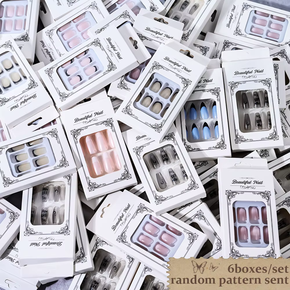 6 boîtes/144 pièces mélange aléatoire Style court rond presse sur ongles doux couverture complète dé