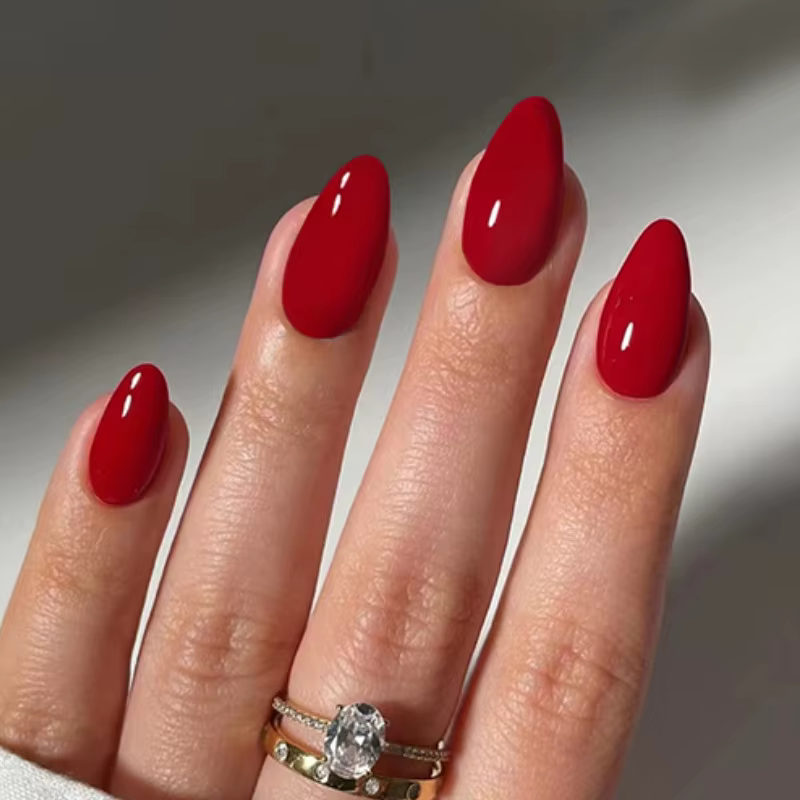 Faux ongles noirs brillants, amande courte, Simple, couleur unie, à pression, pour femmes et filles,