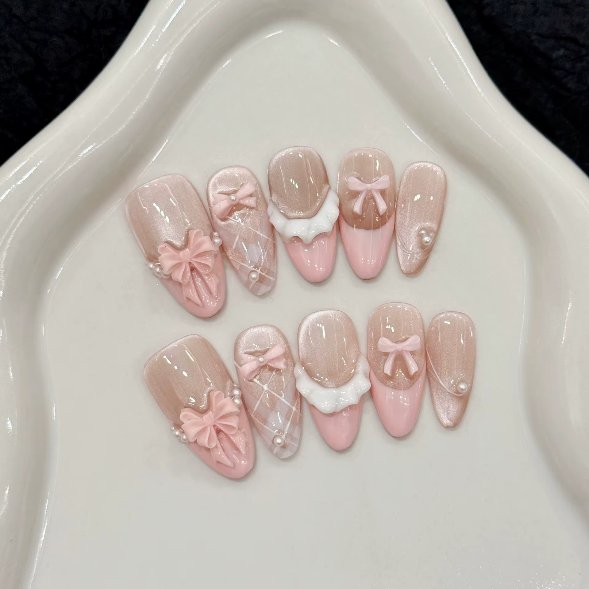 10 pièces doux Ballet portable faux ongles à la main rose Style français 3D nœuds papillon presse su