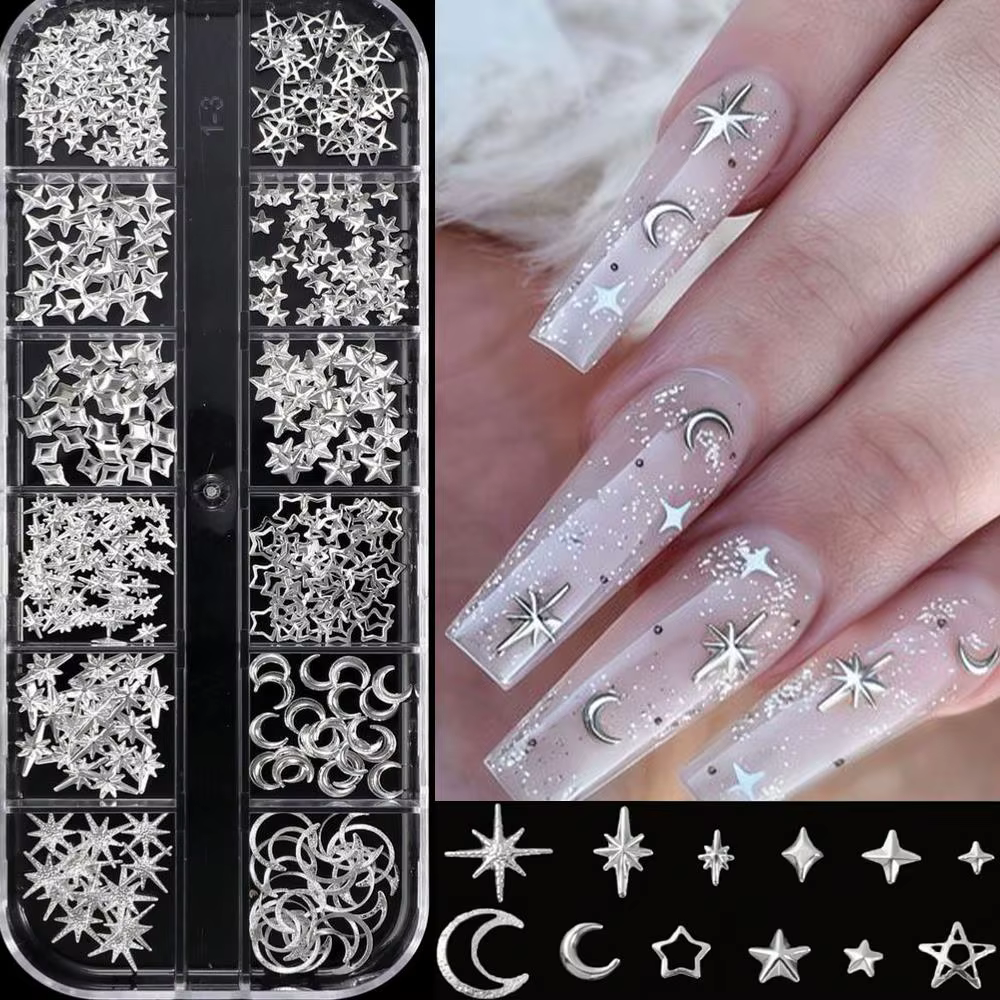 12 grilles de breloques et clous à ongles 3D argentés, motifs cœur, nœud, papillon, étoile, lune, st