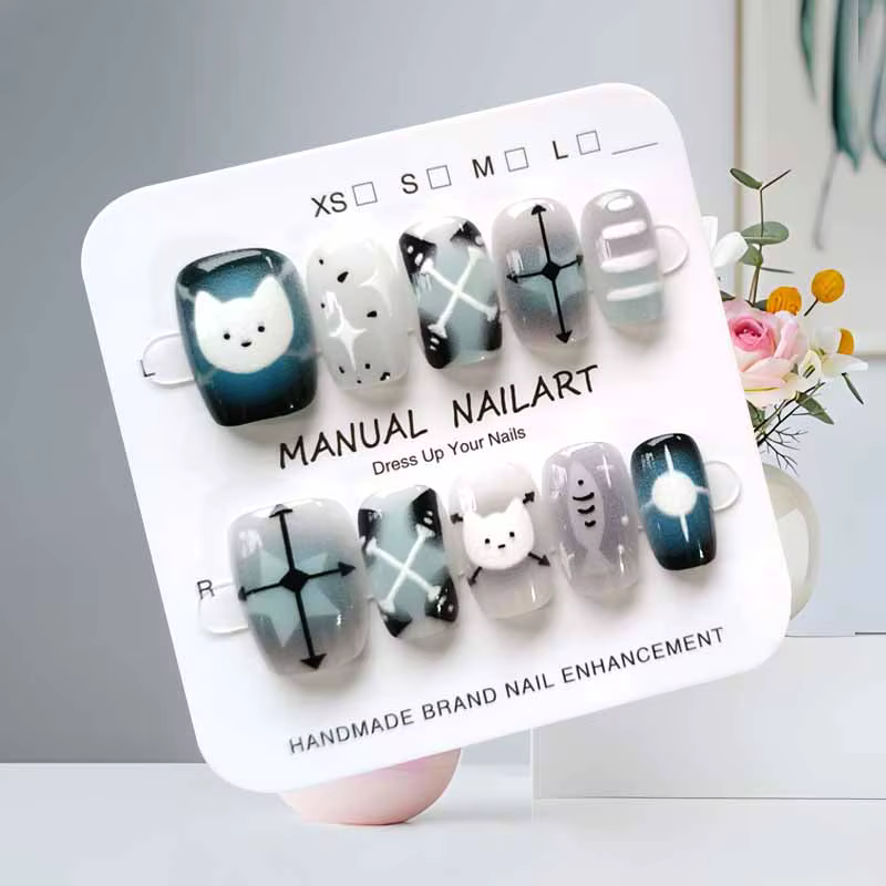 10 pièces dessin animé mignon chat noir bleu gris géométrie à la main presse sur les ongles tête car