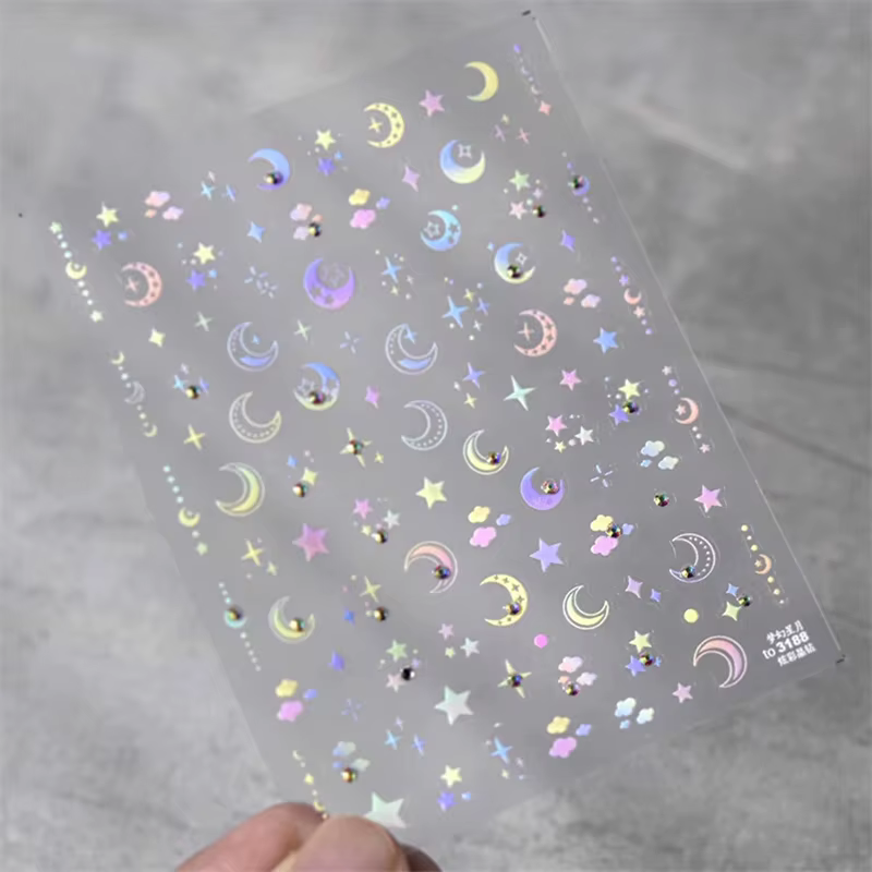 Coloré rose progressif lune étoile nuage papillon strass 5D doux en relief Relief Nail Art autocolla