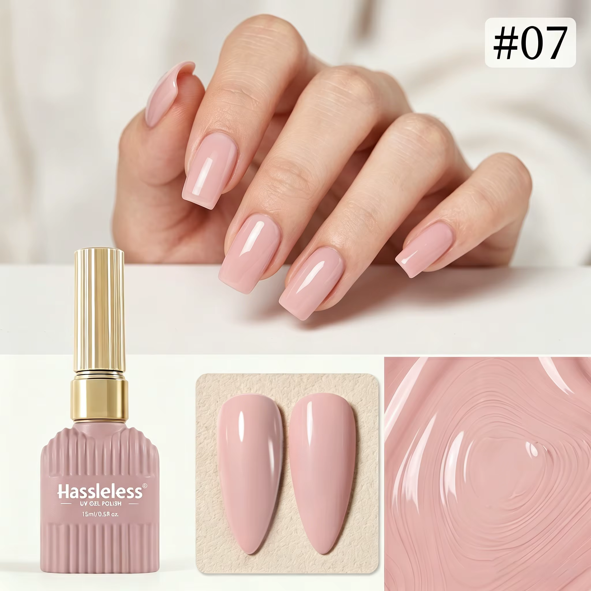 Gel UV rose nude Hassleless 15 ml, fini transparent, teinte nude éclaircissante douce pour des manuc