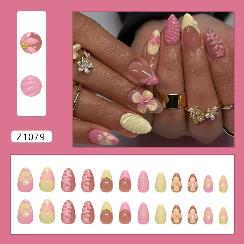 Faux ongles à presser Amande, dégradé rose crème, motif fleur de glace 3D, brillants, effet peau écl
