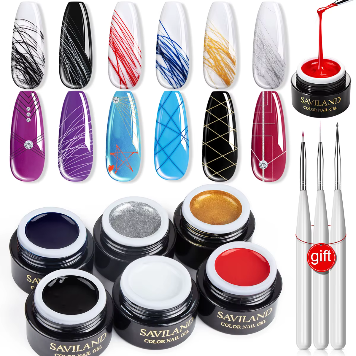 SAVILAND Gel Araignée 6 Couleurs Nouvelles Matrices avec Pinceaux Nail Art et Stylo Liner pour Dessi