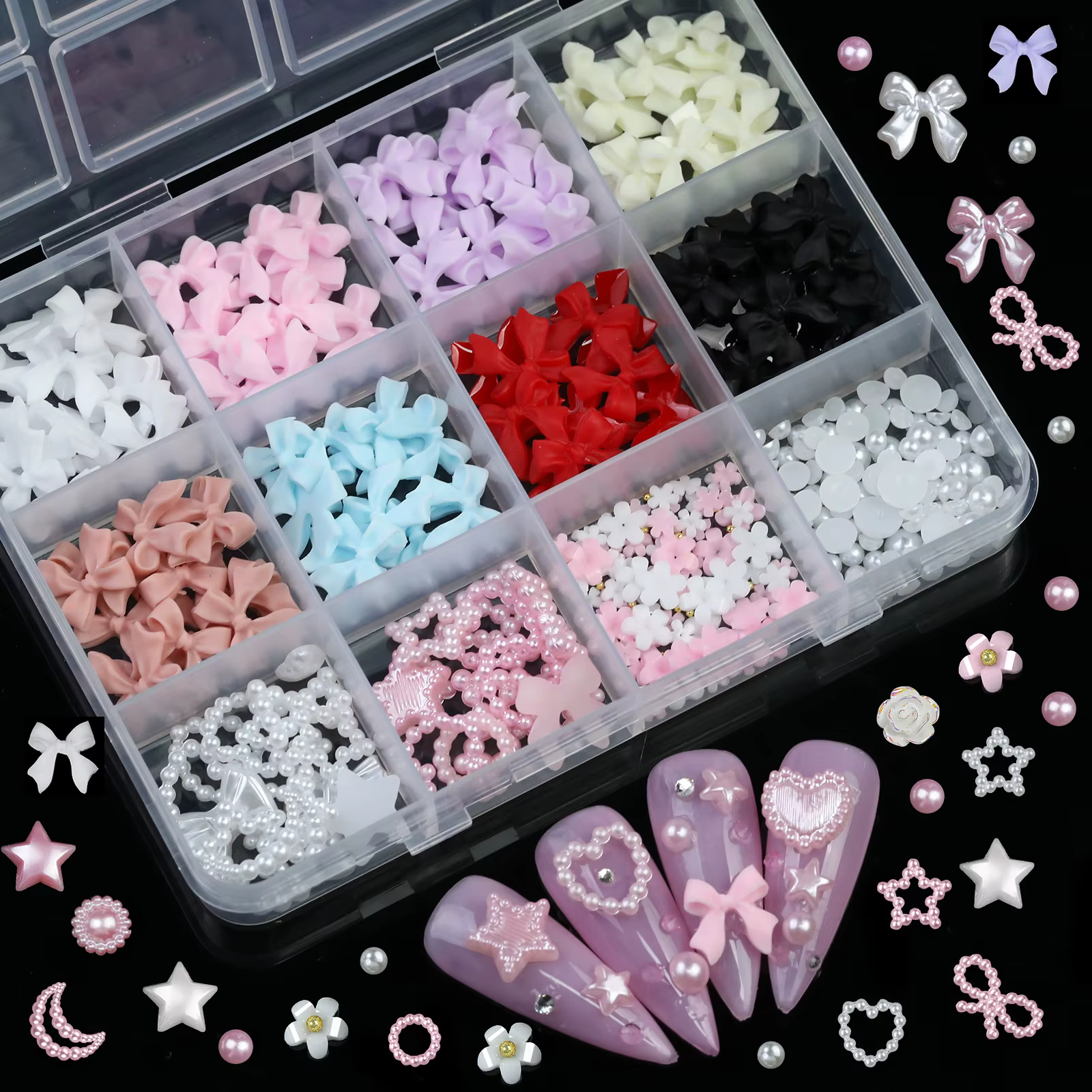 12 grilles mélangées de couleurs 3D, nœud en résine, perle, cœur, dos plat, diamant, décoration Nail