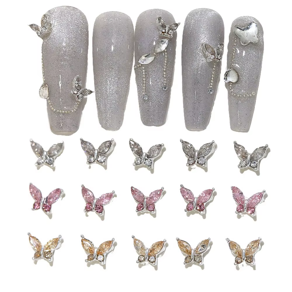 Mini breloques papillon en cristal pour Nail Art, diamant 3D, pièces de bijoux, rose, métal clair, m