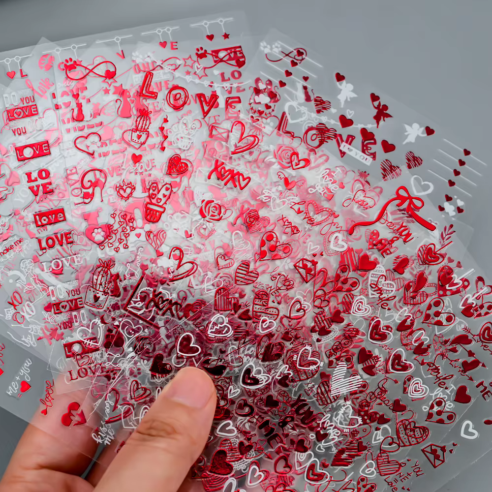 Ensemble d'autocollants pour ongles en forme de cœur rouge, saint-valentin, baiser 3D, lèvres rouges