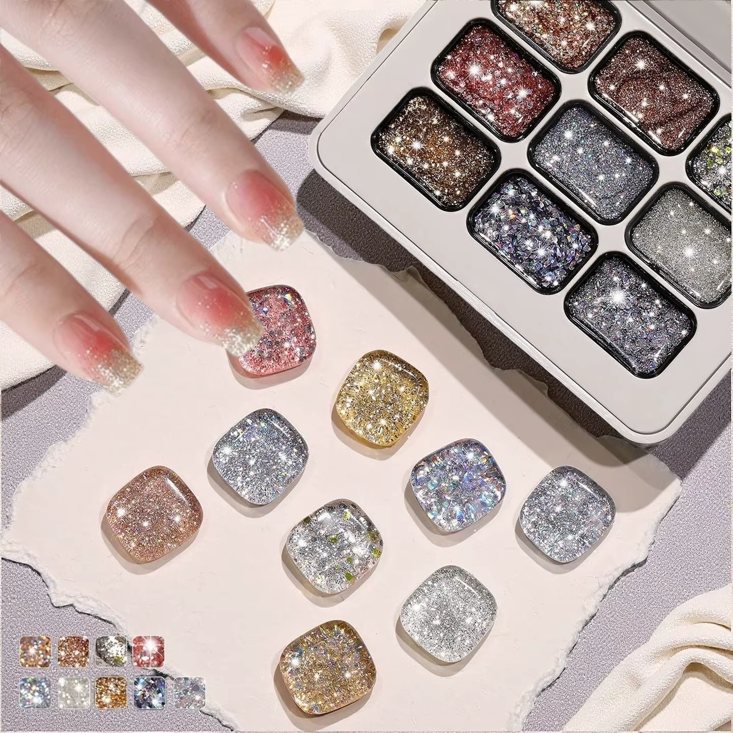 Gel à ongles diamanté neuf couleurs, idéal pour le nail art DIY, les salons et la création de design